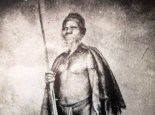 Noongar maaman holding his hunting weapons, gidgee and kylie. Noongar man with his spear and boomerang. Courtesy State Library of Western Australia, The Battye Library P508B/3