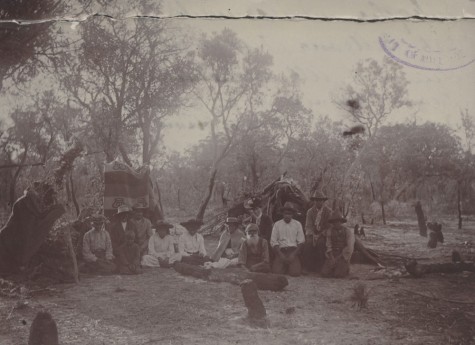 Jubaitch with his three wives and children at their Bellevue camp, 1904. Jubaitch inherited his third wife, Yoolyeenan (Fanny Shaw), from his elder brother. Daisy Bates is sitting behind Jubaitch. Courtesy Barr Smith Library, University of Adelaide, MSS 572.994 B32t