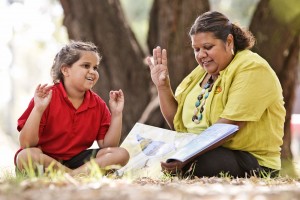 Rosezanna Jetta learning Noongar language from Charmaine Bennell at Djidi Djidi school in Bunbury. Courtesy The West Australian