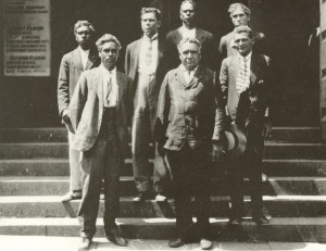 Deputation to the Premier 1928. Back row (left to right): Wilfred Morrison, Norman Harris, Edward Jacobs, A. Kickett and William Bodney. Front (left to right): Edward Harris and William Harris. Courtesy of Corrie Bodney and Claremont Museum, 07.99