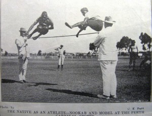 Noongar high jumpers Nookar and Mobel at the Perth Sports Carnival 1910. Daisy Bates collection, National Library of Australia MS 365 94/79
